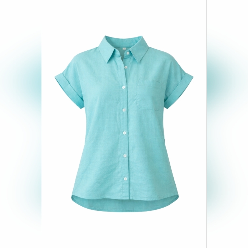 Womens Large -Amazon Short sleeve button-down shirt linen blend aqua blouse